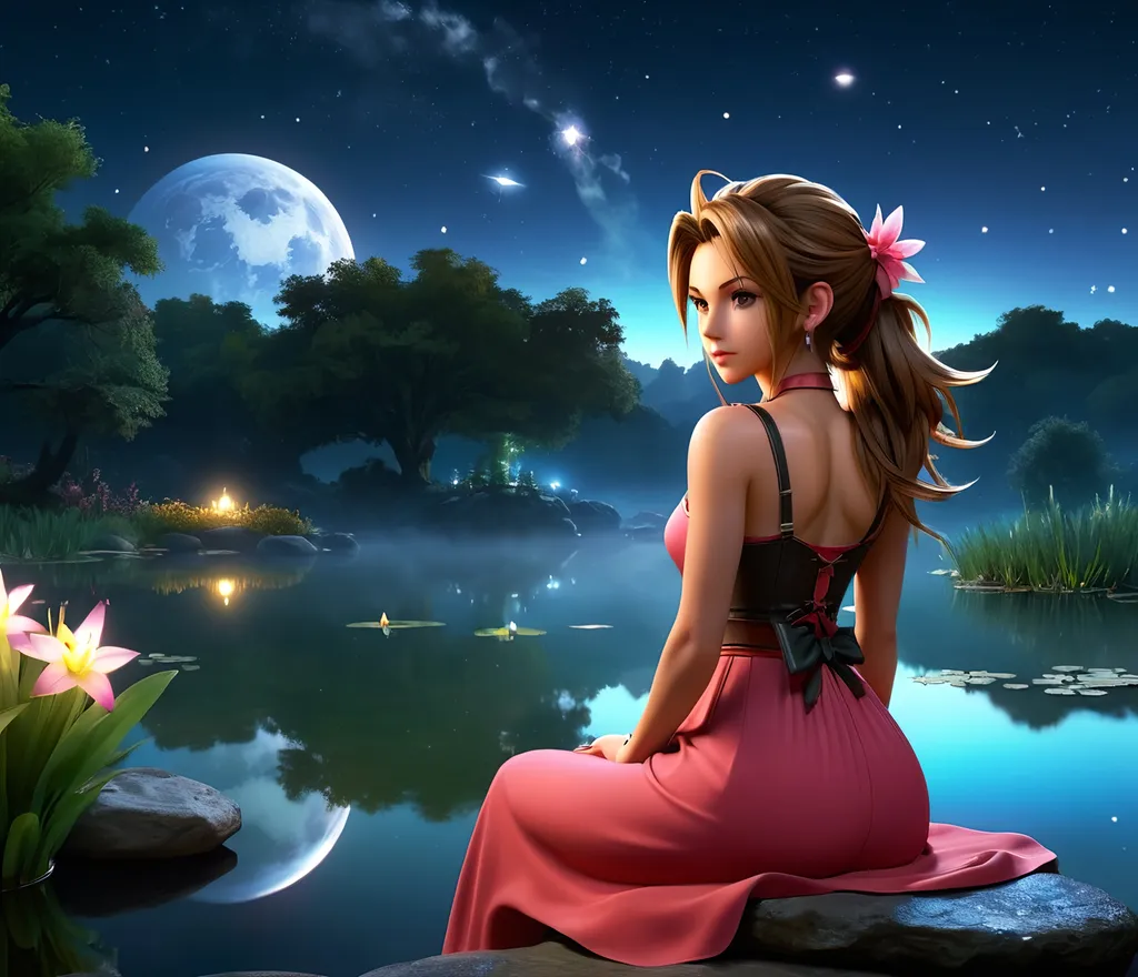 Prompt: midnight theme hd 4k photosphere of Aerith from FF7 sitting on a rock next to pond mist is hovering above pond, looking at her reflection in pond,night sky is clear, stars, and planets can be seen, peaceful Majestic atmosphere fire flies are all around the scenic setting