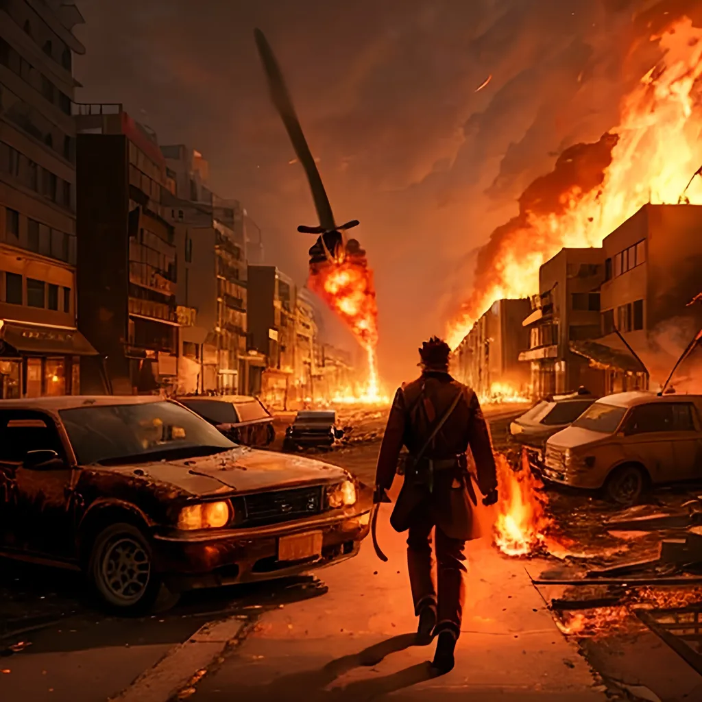 Prompt: cinematic view of a man fused with fire, has fiery aura  around him, walking leaves a path of destruction behind him cityscape, burnt down building,  bikes, cars, airplanes on fire falling from sky,firefly, fire tornado,