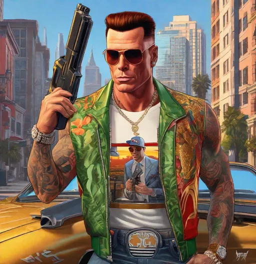 Prompt: Vanilla Ice in GTA8, guns, cityscape atmosphere, cartoony style, extremely detailed painting by Greg Rutkowski and by Henry Justice Ford and by Steve Henderson Lifelike, Natural-looking, Authentic, True-to-life, Genuine, Photorealistic, Hyper-realistic, True-to-life, Natural-looking, Authentic, Realistic, Hyper 