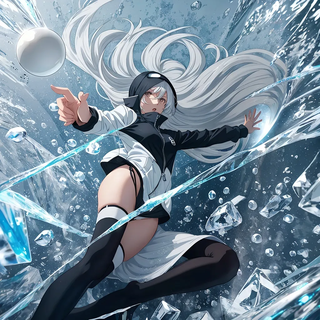 Prompt: woman in black one piece miniskirt, long silver hair, throwing energy ball frozen solid in block of ice