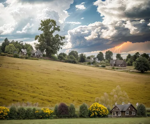 Prompt: a field with flowers, trees, and a house with windows in the distance, trees are around the house, wall cloud,, lightning, tornado, xtremely detailed Lifelike, Authentic, Genuine, Photorealistic, Hyper-realistic, True-to-life, Natural-looking, Authentic, Realistic, Hyper graphical