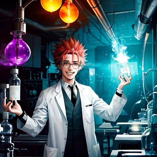 Prompt: cinematic view of mad scientist in chemical laboratory just made amazing discovery. evilishly excited with sinister smile vile in hand magical powerful colorful aura surrounds him