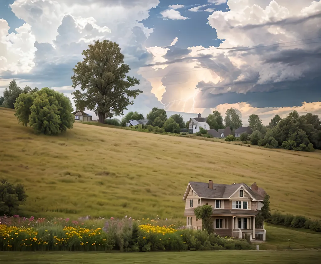 Prompt: a field with flowers, trees, and a house with windows in the distance, trees are around the house, wall cloud,, lightning, tornado, xtremely detailed Lifelike, Authentic, Genuine, Photorealistic, Hyper-realistic, True-to-life, Natural-looking, Authentic, Realistic, Hyper graphical