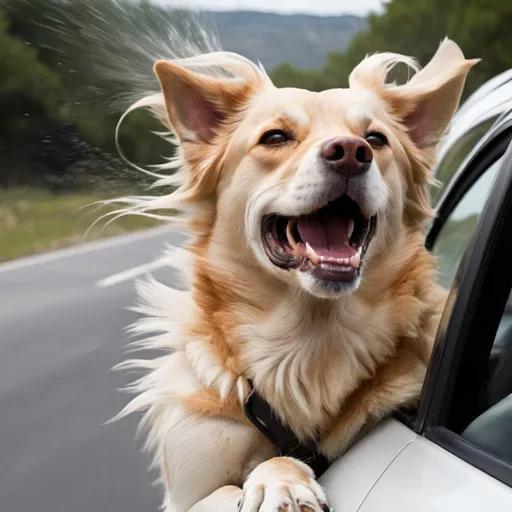 Prompt: Dog with head out window of car the wind High speed wind hits its face