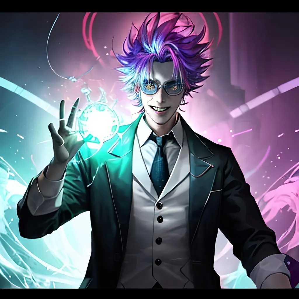 Prompt: cinematic view of mad scientist in chemical laboratory just made amazing discovery. evilishly excited with sinister smile vile in hand magical powerful colorful aura surrounds him