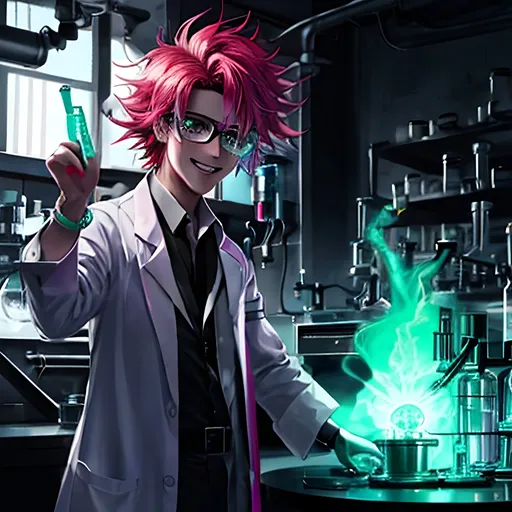 Prompt: cinematic view of mad scientist in chemical laboratory just made amazing discovery. evilishly excited with sinister smile vile in hand magical powerful colorful aura surrounds him