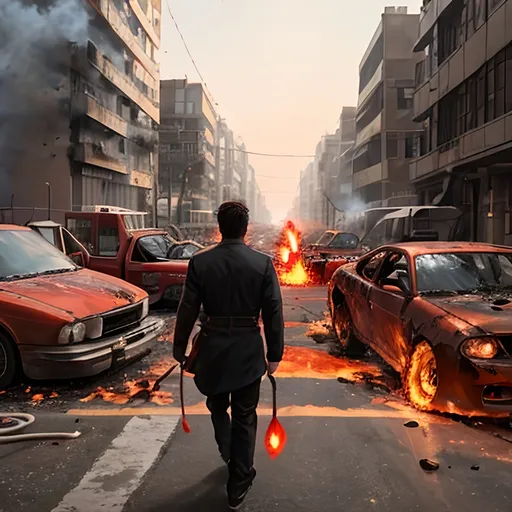 Prompt: cinematic view of a man fused with fire, has fiery aura  around him, walking leaves a path of destruction behind him cityscape, burnt down building,  bikes, cars, airplanes on fire falling from sky,firefly, fire tornado,