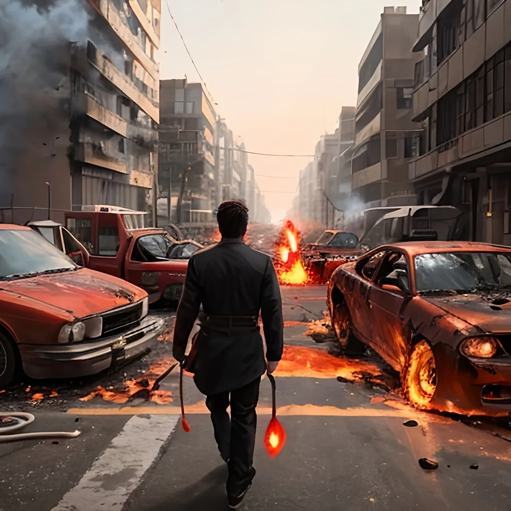 Prompt: cinematic view of a man fused with fire, has fiery aura  around him, walking leaves a path of destruction behind him cityscape, burnt down building,  bikes, cars, airplanes on fire falling from sky,firefly, fire tornado,