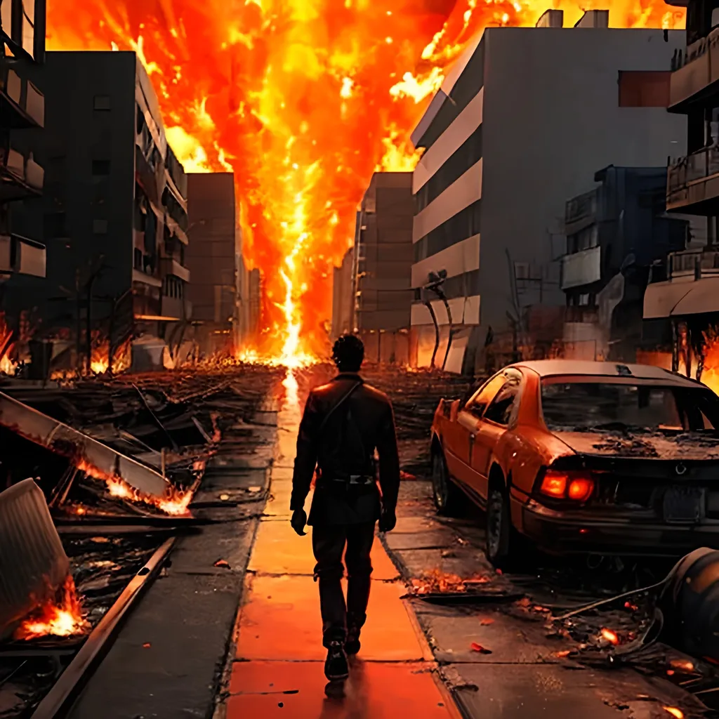 Prompt: cinematic view of a man fused with fire, has fiery aura  around him, walking leaves a path of destruction behind him cityscape, burnt down building,  bikes, cars, airplanes on fire falling from sky,firefly, fire tornado,