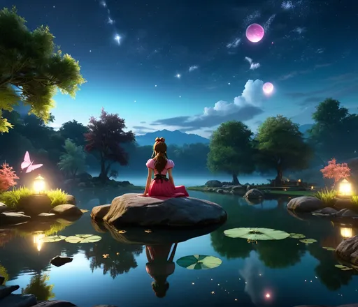 Prompt: midnight theme hd 4k photosphere of Aerith from FF7 sitting on a rock next to pond mist is hovering above pond, looking at her reflection in pond,night sky is clear, stars, and planets can be seen, peaceful Majestic atmosphere fire flies are all around the scenic setting