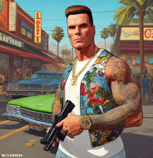 Prompt: Vanilla Ice in GTA8, guns, moshpit atmosphere, cartoony style, extremely detailed painting by Greg Rutkowski and by Henry Justice Ford and by Steve Henderson Lifelike, Natural-looking, Authentic, True-to-life, Genuine, Photorealistic, Hyper-realistic, True-to-life, Natural-looking, Authentic, Realistic, Hyper 