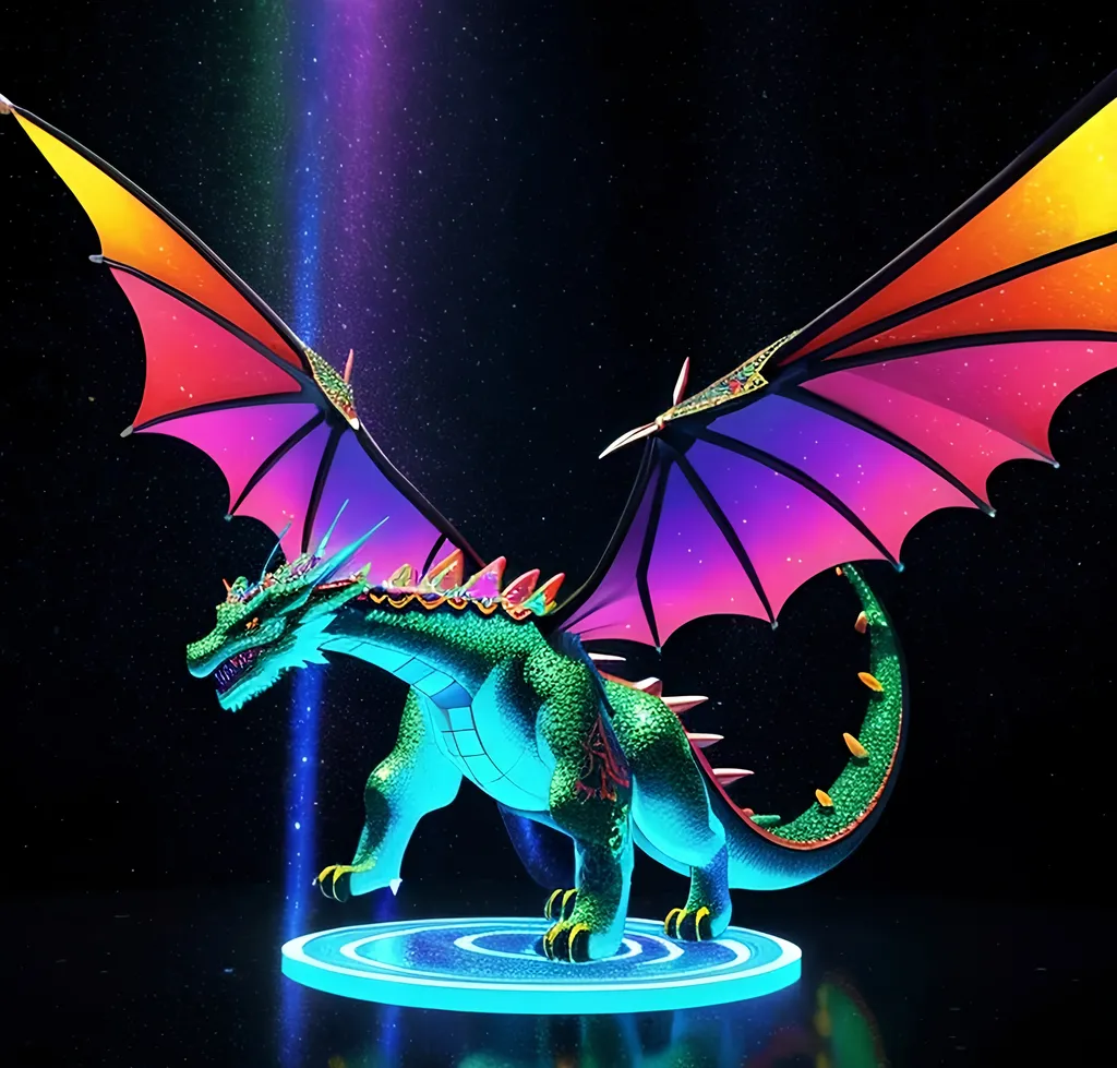 Prompt:  holographic projection, a 3rd dimensional creation, 3d dragon, hyper detailed photo