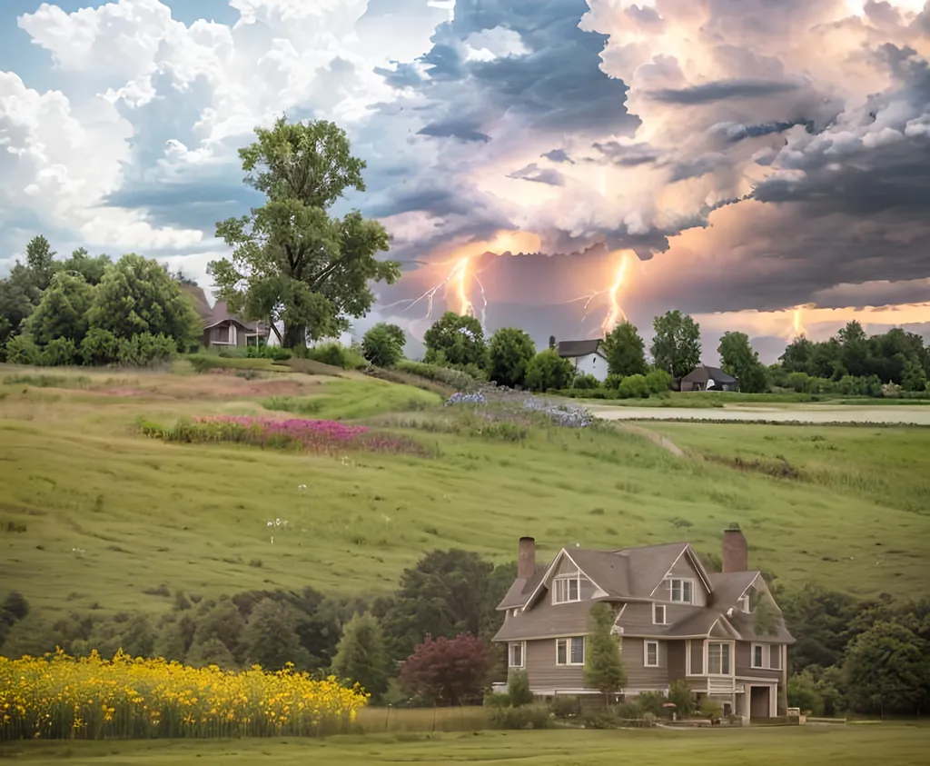 Prompt: a field with flowers, trees, and a house with windows in the distance, trees are around the house, wall cloud,, lightning, tornado, xtremely detailed Lifelike, Authentic, Genuine, Photorealistic, Hyper-realistic, True-to-life, Natural-looking, Authentic, Realistic, Hyper graphical