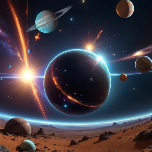 Prompt: hd 4k photosphere of outerspace shooting stars and planets