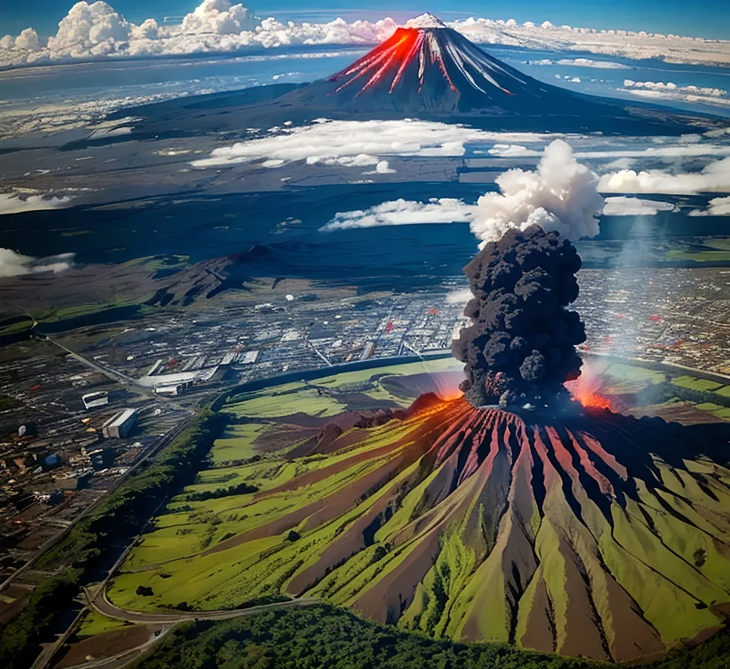 Prompt:  scenic city Volcano eruption lava covers cityscape from helicopter