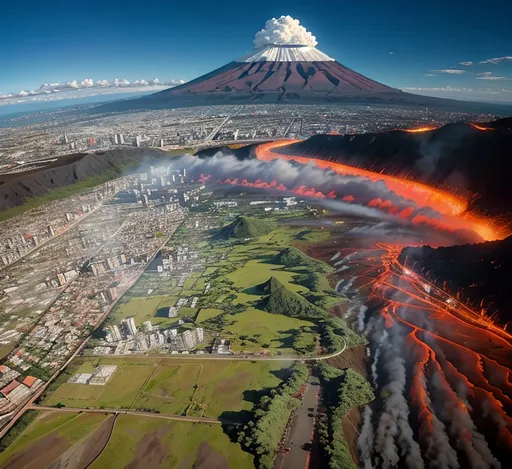 Prompt:  scenic city Volcano eruption lava covers cityscape from helicopter