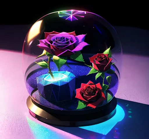 Prompt:  holographic projection a 3rd dimensional creation with rose inside of it