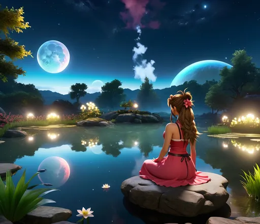 Prompt: midnight theme hd 4k photosphere of Aerith from FF7 sitting on a rock next to pond mist is hovering above pond, looking at her reflection in pond,night sky is clear, stars, and planets can be seen, peaceful Majestic atmosphere fire flies are all around the scenic setting