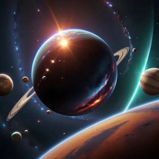 Prompt: hd 4k photosphere of outerspace shooting stars and planets