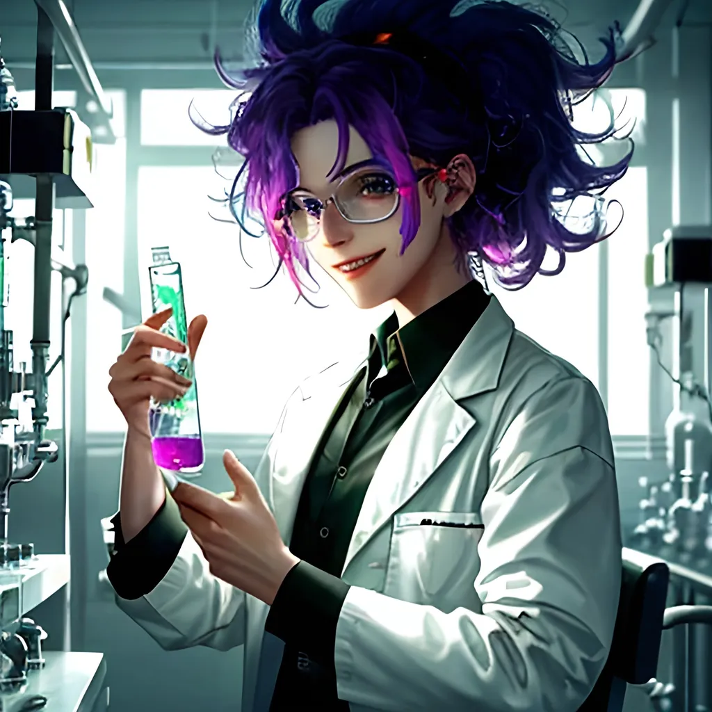 Prompt: cinematic view of mad scientist in chemical laboratory just made amazing discovery. evilishly excited with sinister smile vile in hand magical powerful colorful aura surrounds him