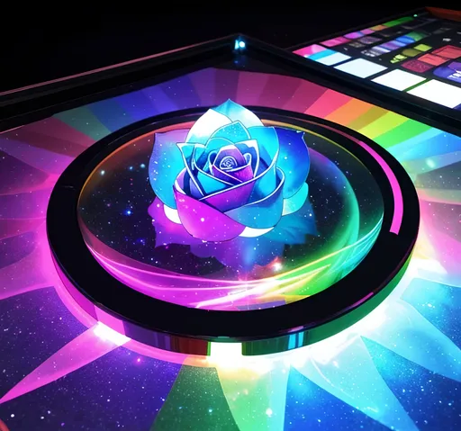 Prompt:  holographic projection a 3rd dimensional creation with rose inside of it