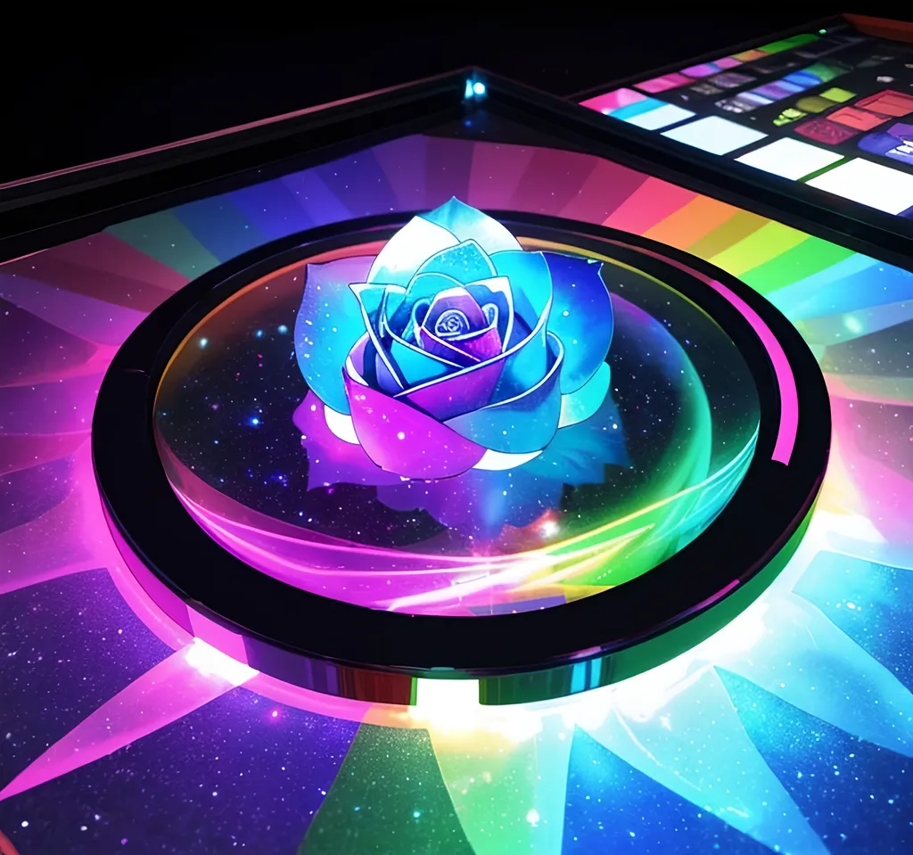 Prompt:  holographic projection a 3rd dimensional creation with rose inside of it