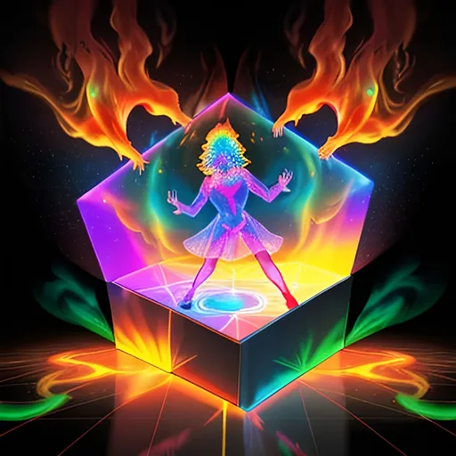 Prompt:  holographic projection a 3rd dimensional being in a fiery atmosphere