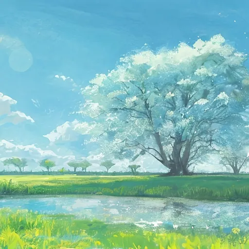 Prompt: Beaty of contrast, dreamy field of  energy, life, wind, water  tree, grass, wildlife, exotic animal and plants