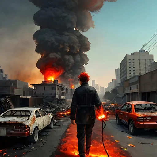 Prompt: a man fused with fire has a fire aura  around him, walking leaves a burnt up trqil behind him cityscape, burnt down building,  bikes, cars, airplanes on fire falling from sky,firefly, fire tornado,