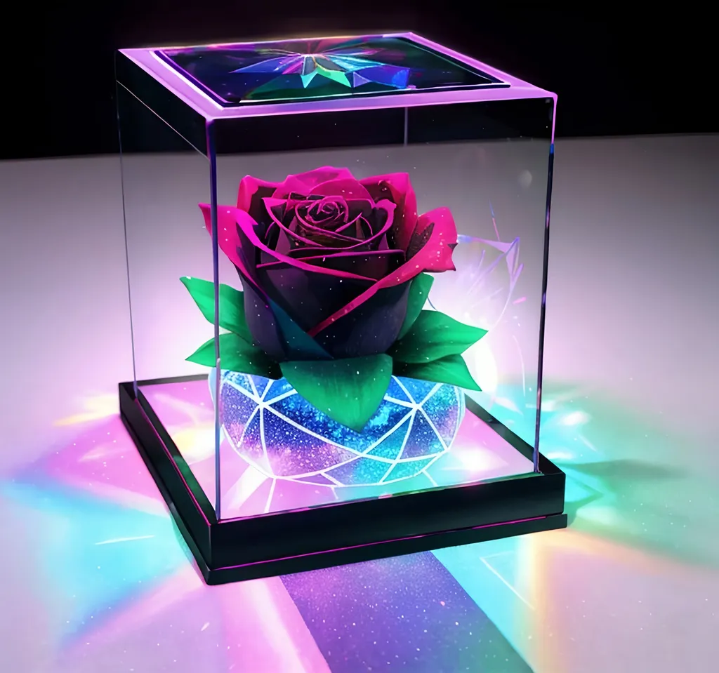 Prompt:  holographic projection a 3rd dimensional creation with rose inside of it