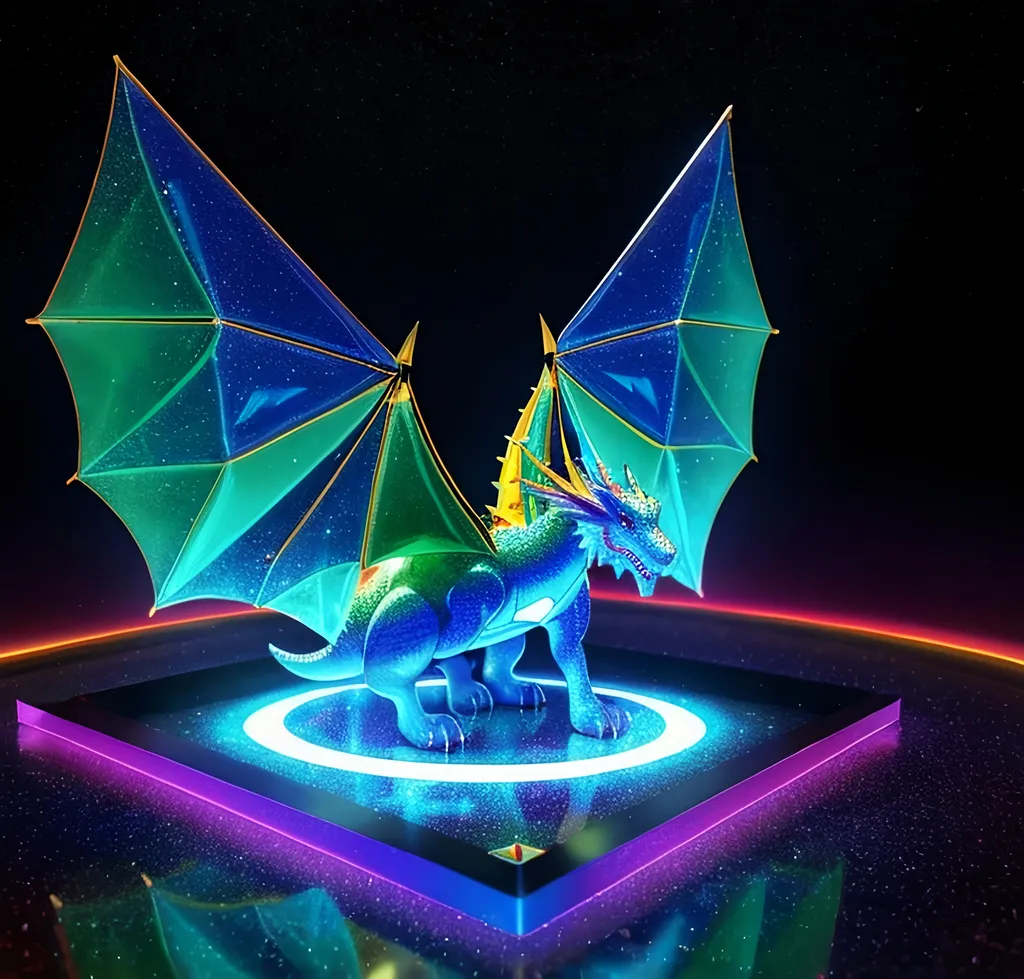 Prompt:  holographic projection, a 3rd dimensional creation, 3d dragon, hyper detailed photo