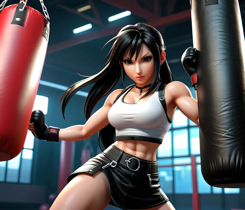 Prompt: gym theme hd 4k photosphere of Tifa from FF7 practicing on punching bag 
, punching, kicking, contact displays magical powers magnetic and plasmasphere magical energetic atmosphere, punching bag flying through air, on ground, kicked around, punched around demonstrates power amd strength