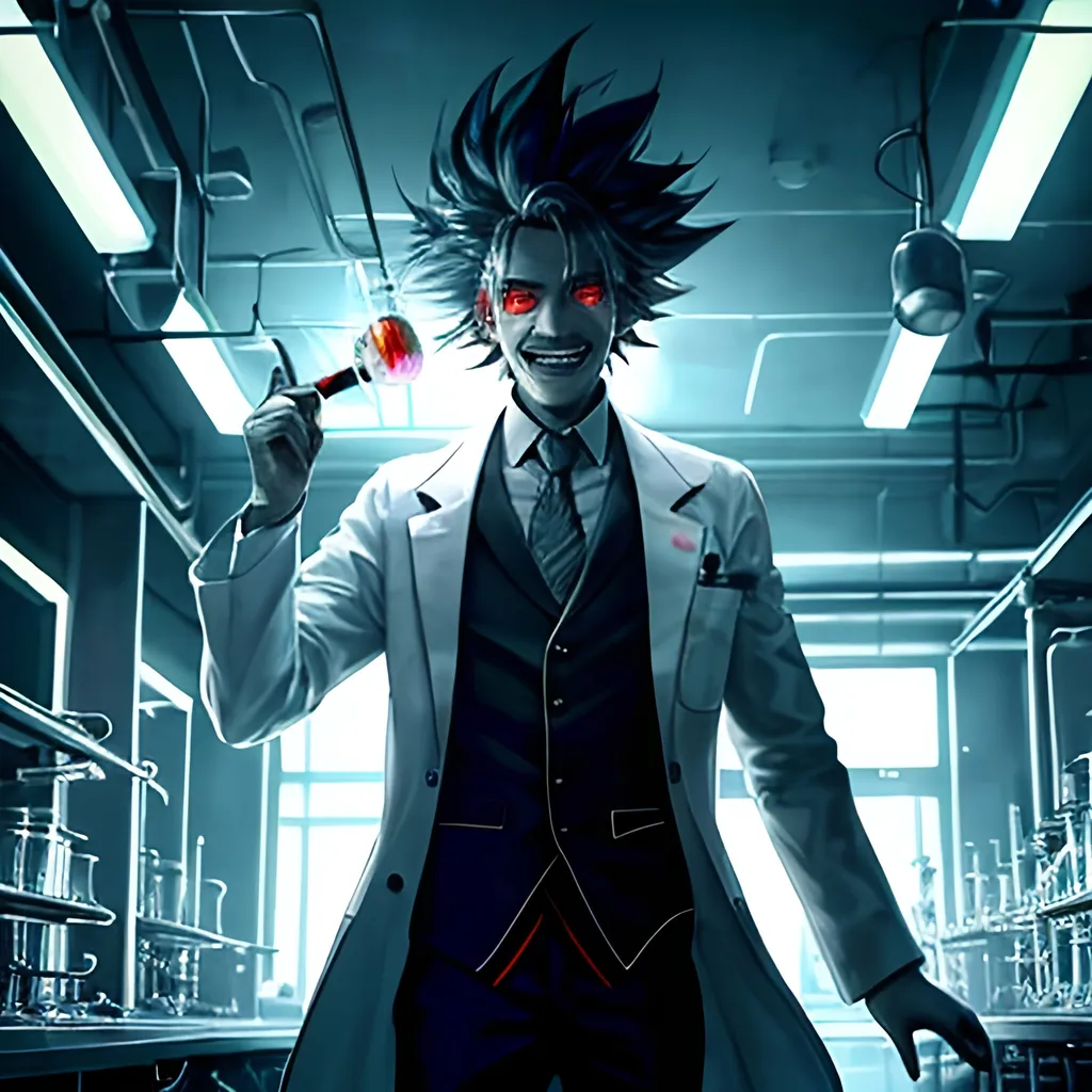 Prompt: cinematic view of mad scientist in chemical laboratory just made amazing discovery. evilishly excited with sinister smile vile in hand magical powerful colorful aura surrounds him