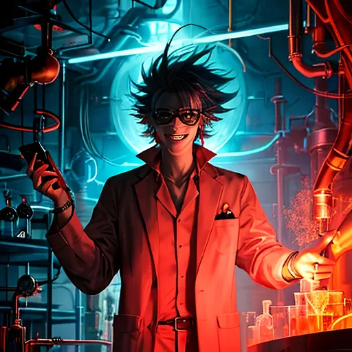 Prompt: cinematic view of mad scientist in chemical laboratory just made amazing discovery. evilishly excited with sinister smile vile in hand magical powerful colorful aura surrounds him
