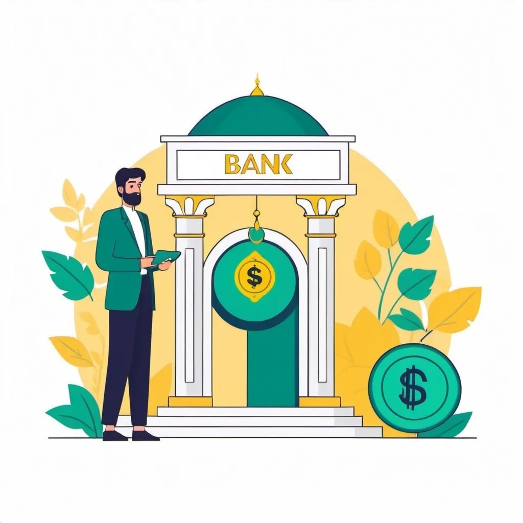 Prompt: Flat illustration a persian bank, create somthing about request loan from bank, simple forms, simple shapes, vector, minimalism, transparent background,
use this hex colros 00D084FF, 042F2FFF