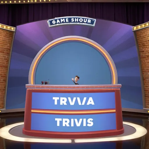 Prompt: Game show set, where there is a trivia game host and a screen