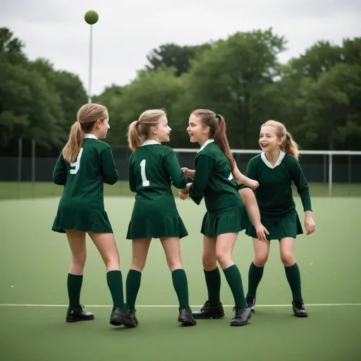 Prompt: girls Playing Field Hocket in dark green outfits