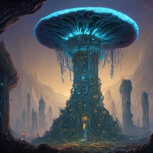 Prompt: concept art of giant fungi tower, Lovecraftian ruins of underground cities, ornate Celtic pattern border, bioluminescence ruins. Artstation.