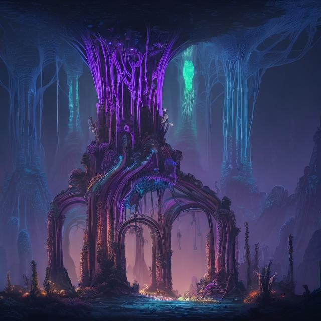 Prompt: concept art of bioluminescence ruins of underground cities, giant fungi tower, ornate Celtic pattern border, ruins. Artstation.