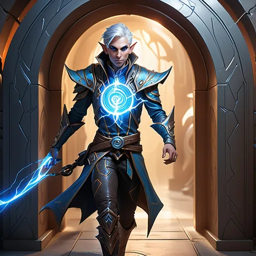 Prompt: An Eladrin elf, dressed as an Izzet artificer Rogue, with a metallic, stealth, futuristic style attire, walking through a portal, right leg inside the portal. The skin on the elf's face is engraved with marks, reseblmbling lightning and glowing. The eyes of the Eladrin is glowing blueish white, with a silver hair, braided like dread locks.