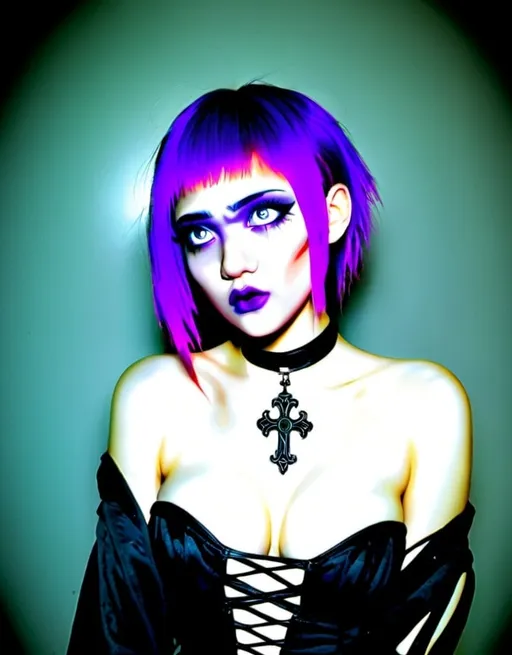 Prompt: A mallgoth vampire with purple hair and violet eyes