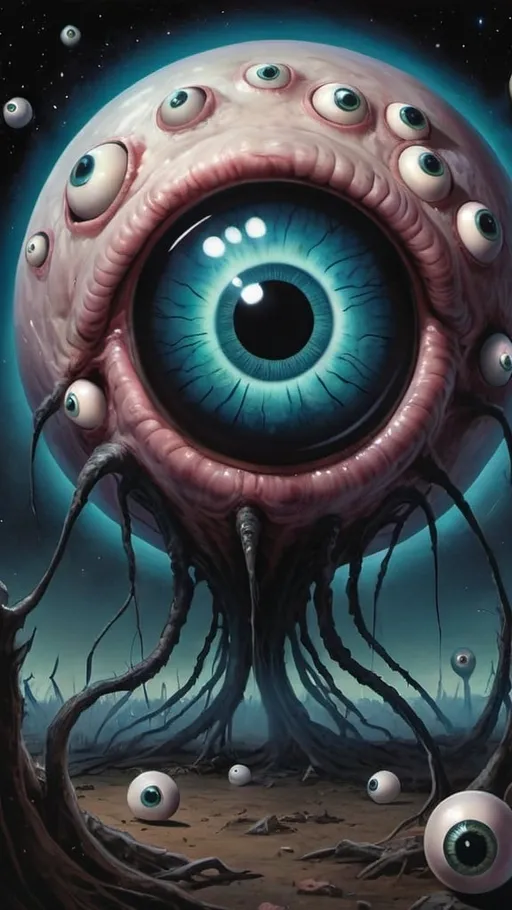 Prompt: A cosmic horror entity comprised of nothing but hundreds of giant eyeballs at night