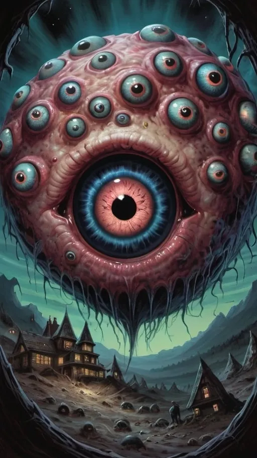 Prompt: A cosmic horror entity comprised nothing but a cancerous mound of hundreds of giant eyeballs at night