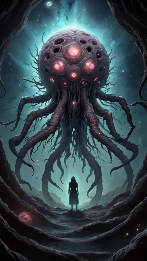 Prompt: Aletheia is a gargantuan cosmic horror comprised of hundreds of eyes sprouting from towering mass of cancerous hands