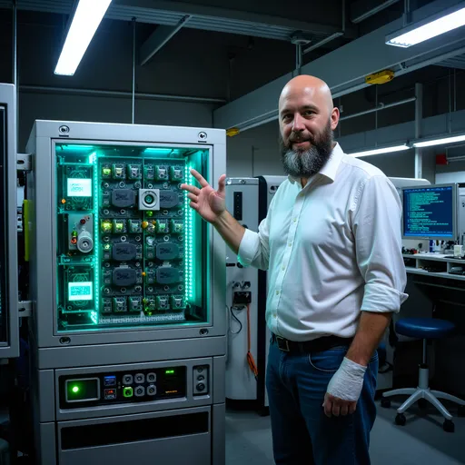 Prompt: @WRN8mmPr1mkqvLMDwwjO is standing in the lab next to an IQM -like quantum computer. Facing the camera  he is announcing a  new independent 3rd part benchmarking service for quantum computers.
