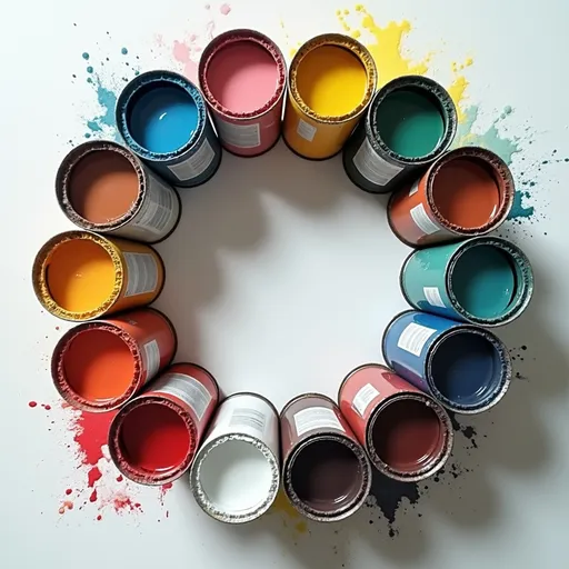 Prompt: Bird’s eye view of cans of coloured and white paint in a circle. Space left in middle right hand side.
