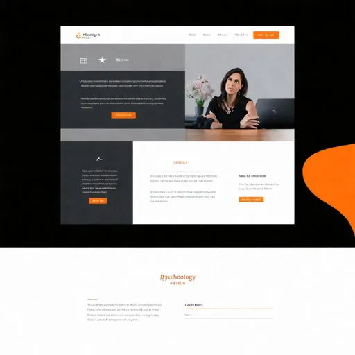 Prompt: Web site home page for Psychologist, style, design from future, parallax, style, header, hero, service, review, about me, contact, footer, color orange, low gray