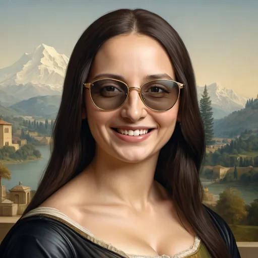 Prompt: Create a realistic photo of DaVinci's monalisa wearing Rayban glasses and laughing