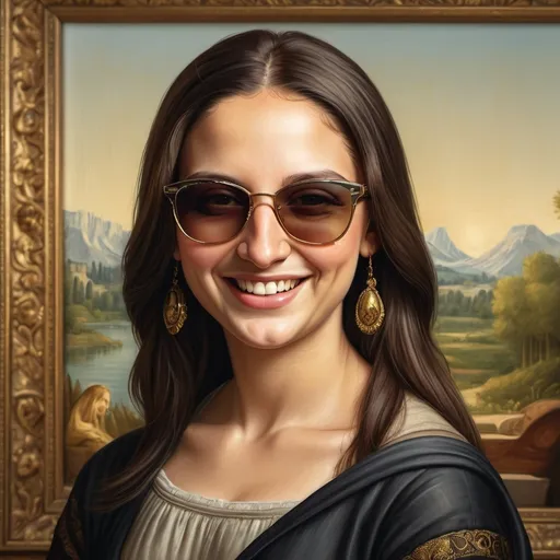 Prompt: Create a realistic photo of DaVinci's monalisa wearing Rayban glasses and laughing