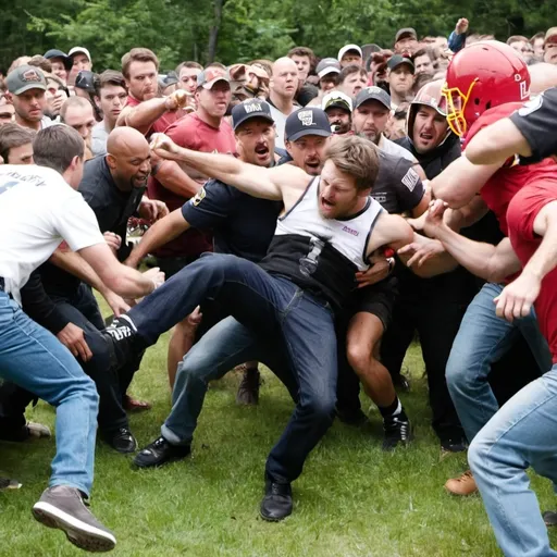 Prompt: Jenk getting kicked by bunch of people
